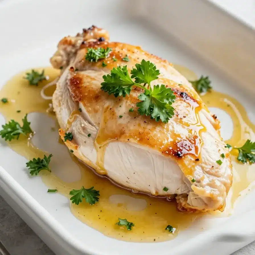 Golden-brown oven-baked chicken breast served on a white plate with fresh herbs.