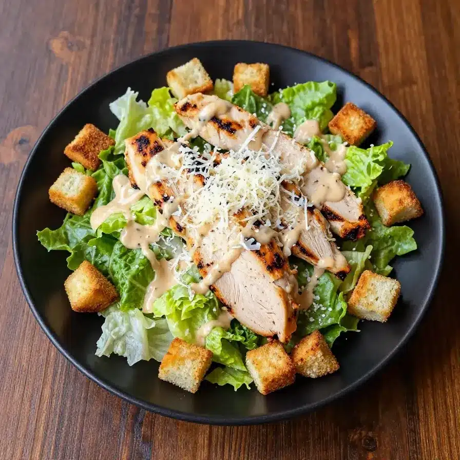 A bowl of healthy Caesar salad topped with grilled chicken slices and fresh greens.