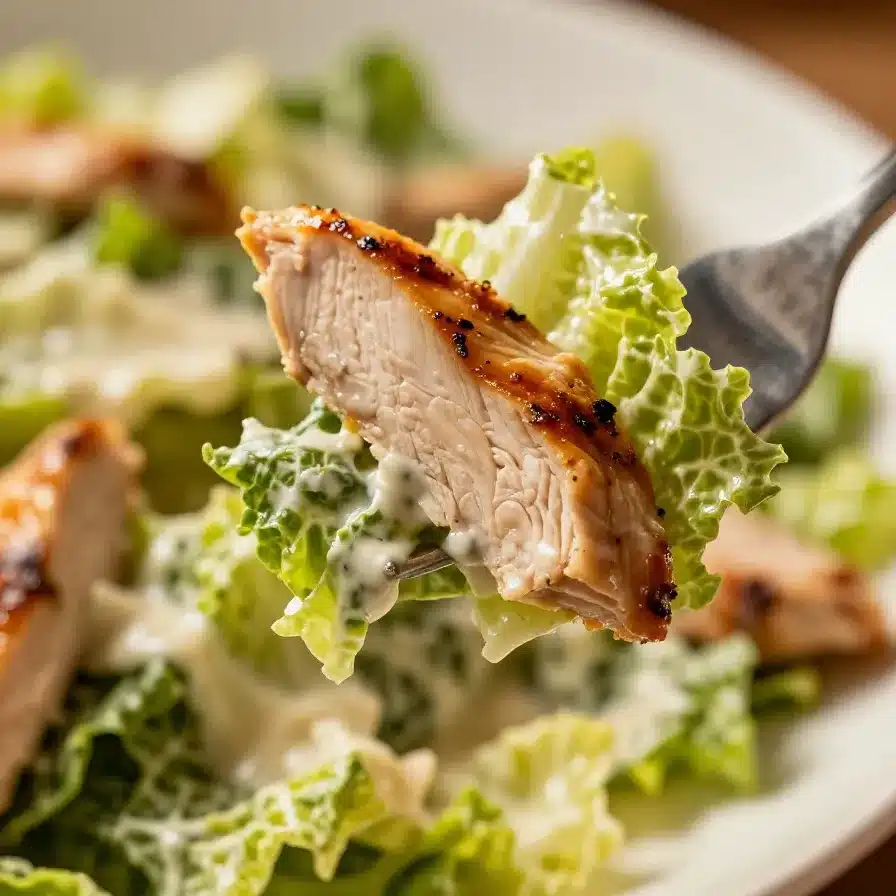 Healthy Caesar Salad with Chicken 2 A bowl of healthy Caesar salad topped with grilled chicken slices and fresh greens.