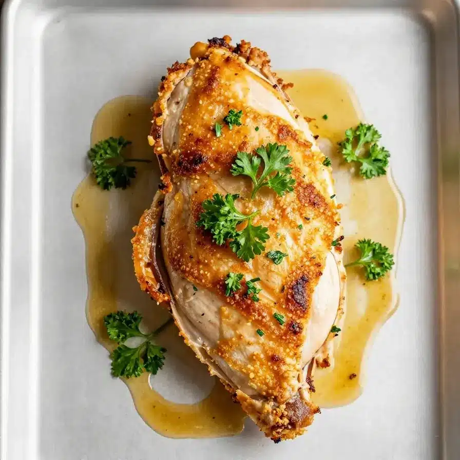 Golden-brown oven-baked chicken breast served on a white plate with fresh herbs.