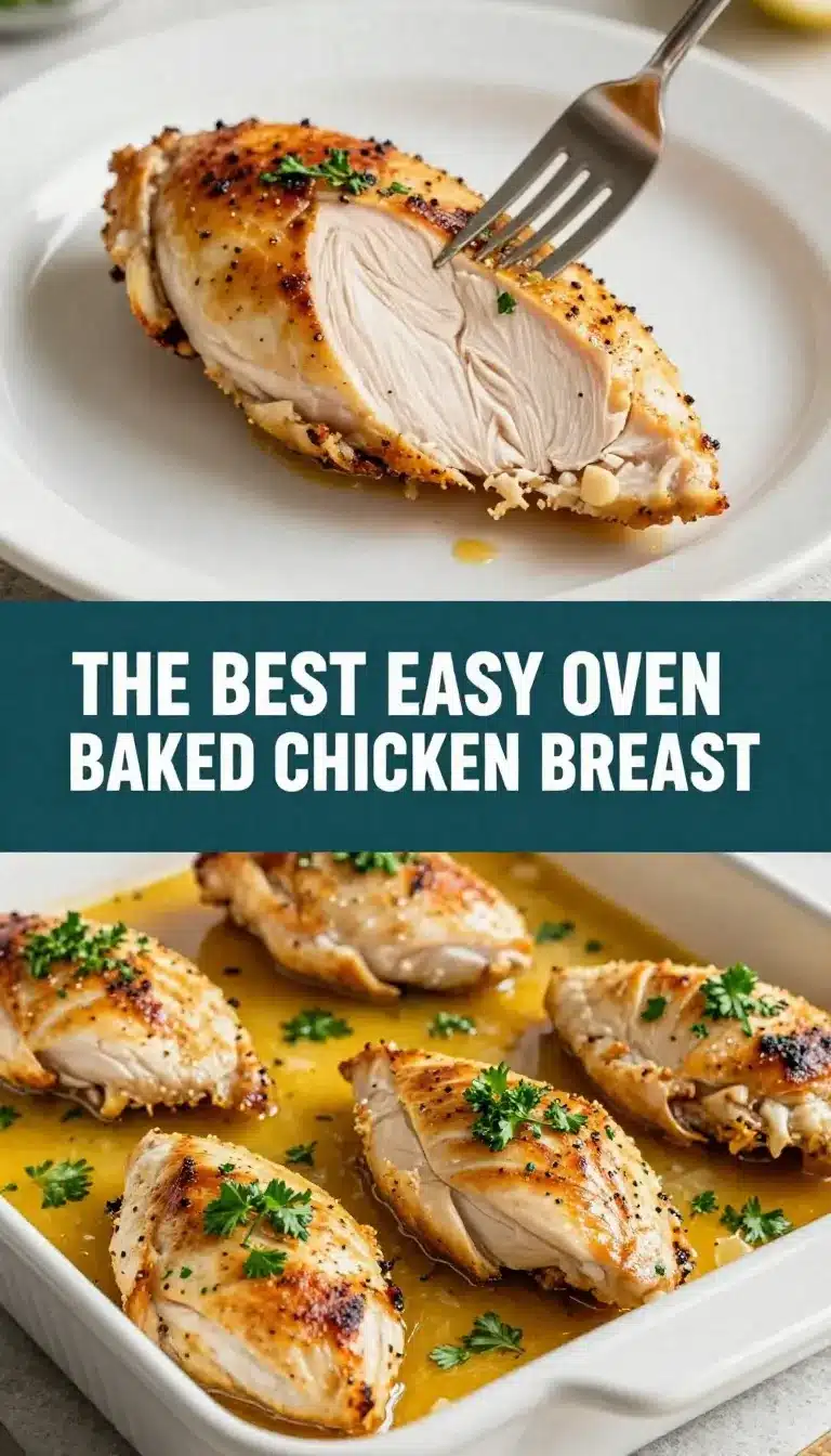 Golden-brown oven-baked chicken breast served on a white plate with fresh herbs.