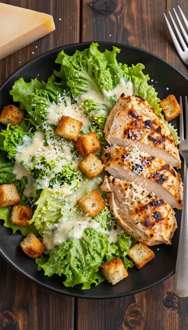 Healthy Caesar Salad with Chicken 5 A bowl of healthy Caesar salad topped with grilled chicken slices and fresh greens.