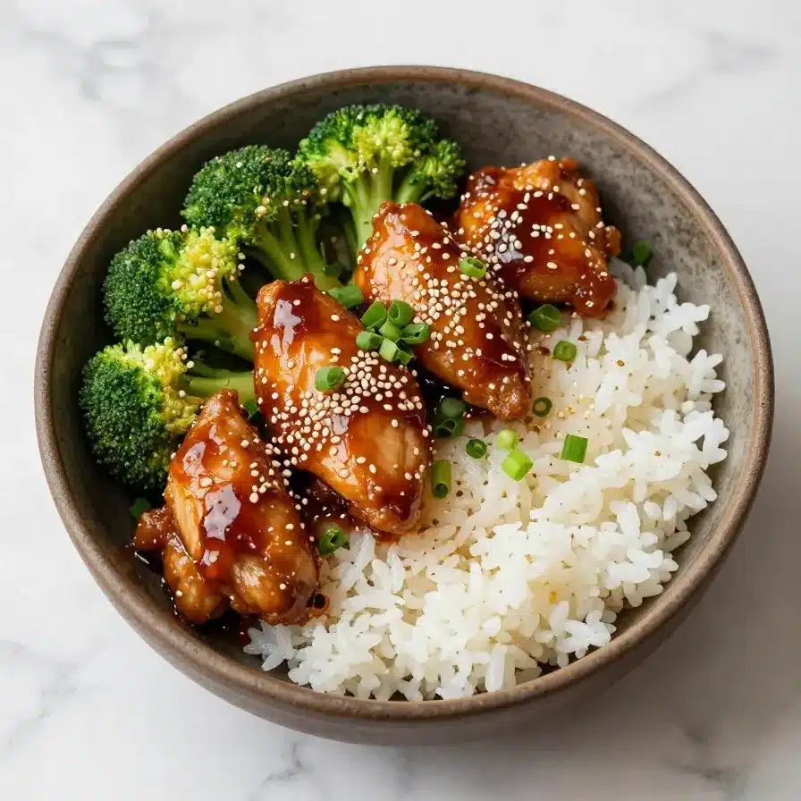 A vibrant bowl of honey sriracha ground chicken served with steamed broccoli and rice.