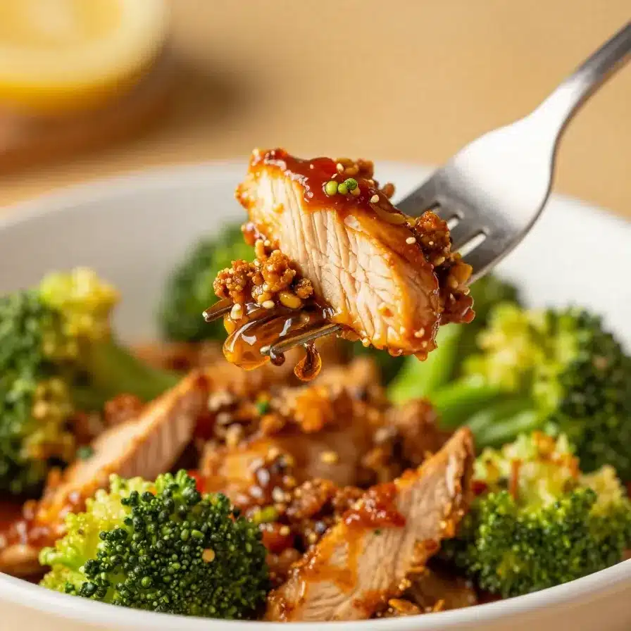 Honey Sriracha Ground Chicken and Broccoli Bowl 2 A vibrant bowl of honey sriracha ground chicken served with steamed broccoli and rice.