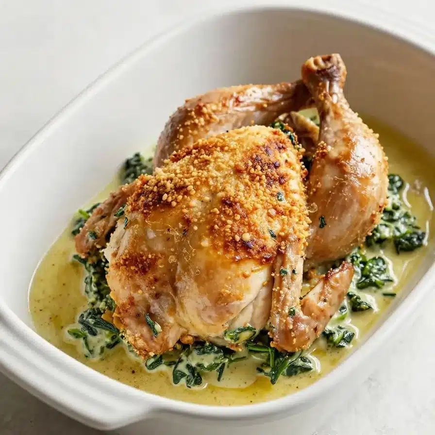 Spinach stuffed chicken breast served on a white plate with fresh herbs.