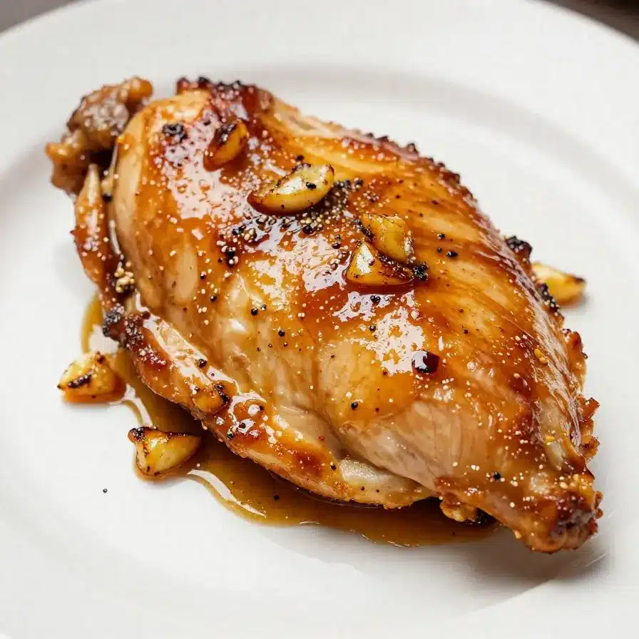 A close-up of brown sugar garlic chicken served on a white plate with a garnish of parsley.