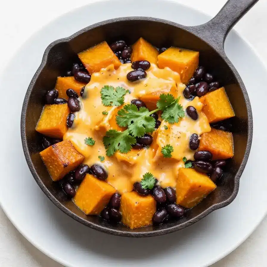 A close-up of a skillet filled with butternut squash and black bean enchiladas topped with melted cheese and fresh cilantro.