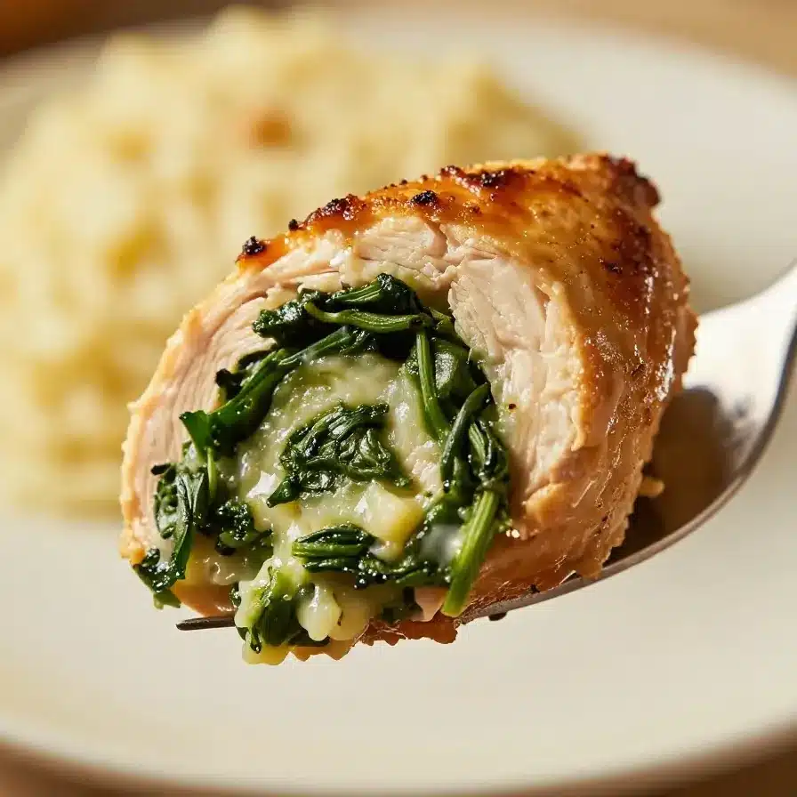 Easy Spinach Stuffed Chicken 2 Spinach stuffed chicken breast served on a white plate with fresh herbs.