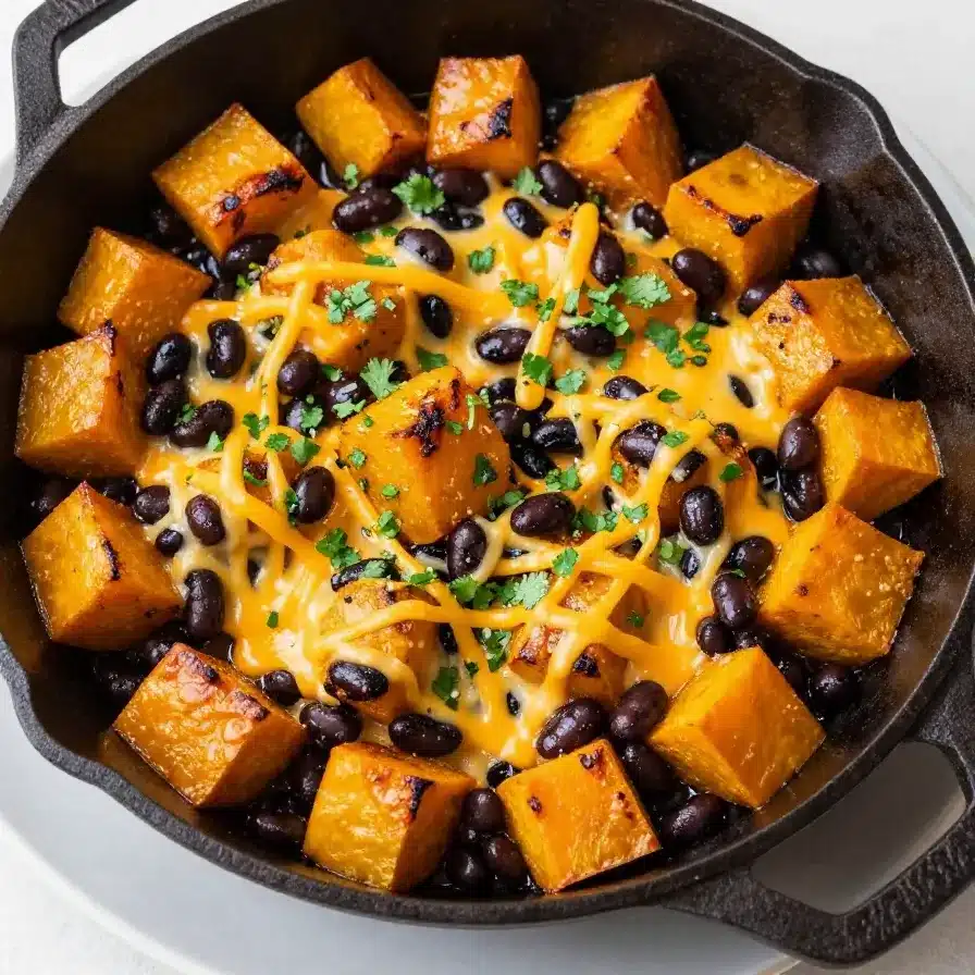 A close-up of a skillet filled with butternut squash and black bean enchiladas topped with melted cheese and fresh cilantro.