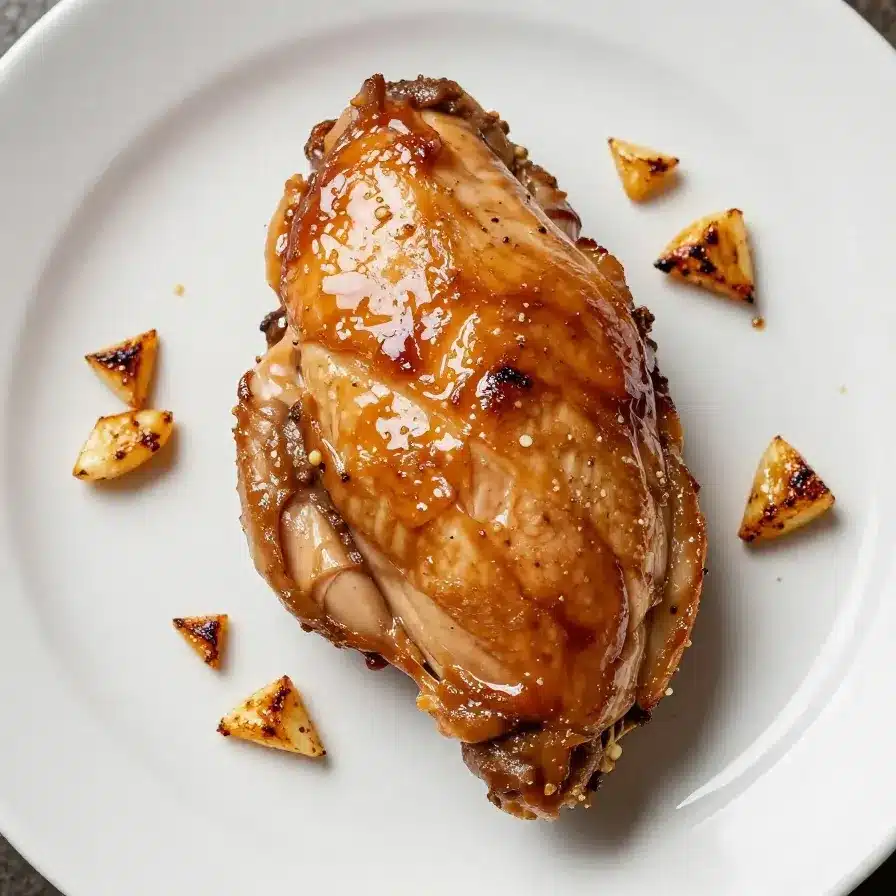 A close-up of brown sugar garlic chicken served on a white plate with a garnish of parsley.