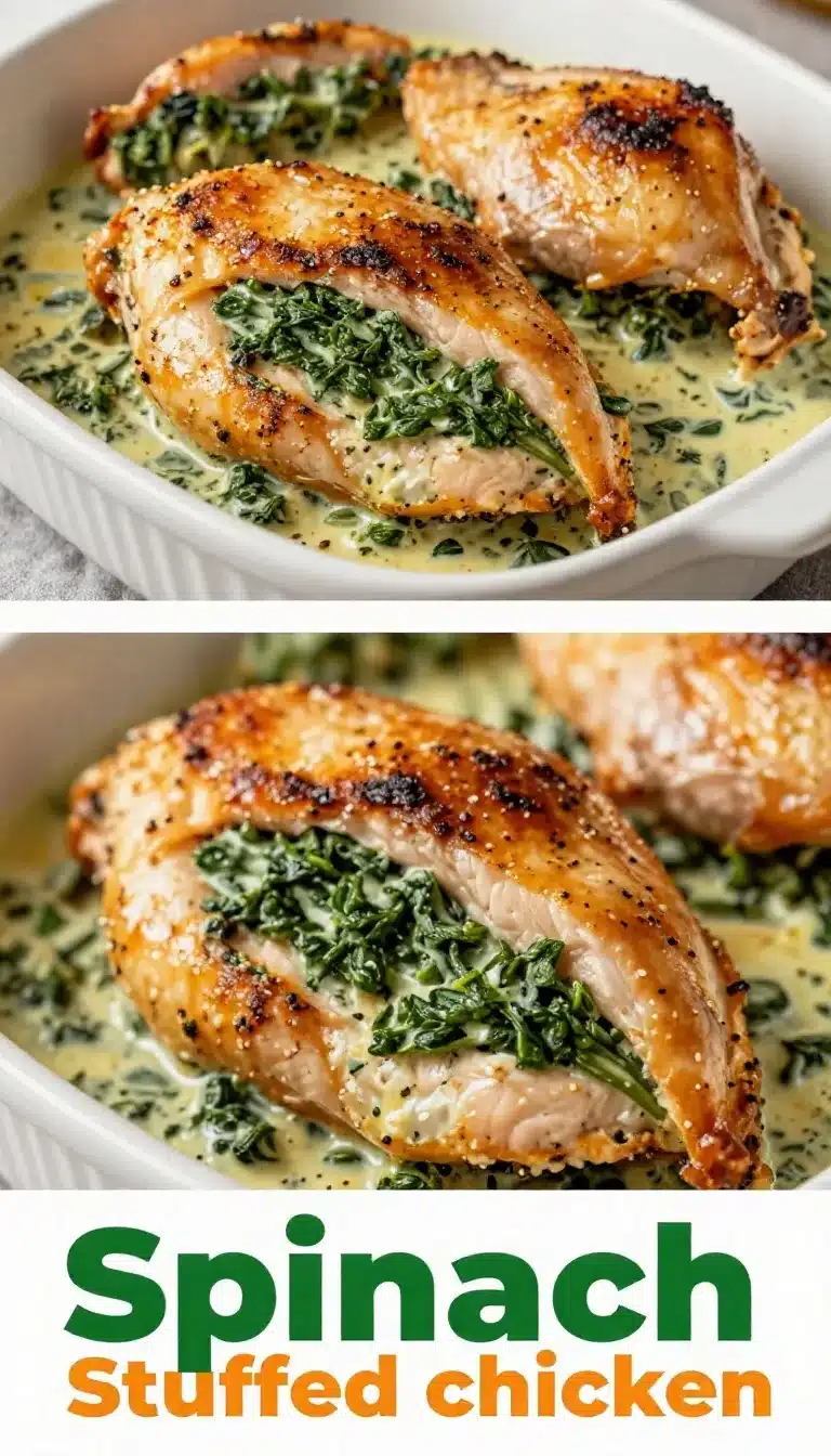 Easy Spinach Stuffed Chicken 5 Spinach stuffed chicken breast served on a white plate with fresh herbs.