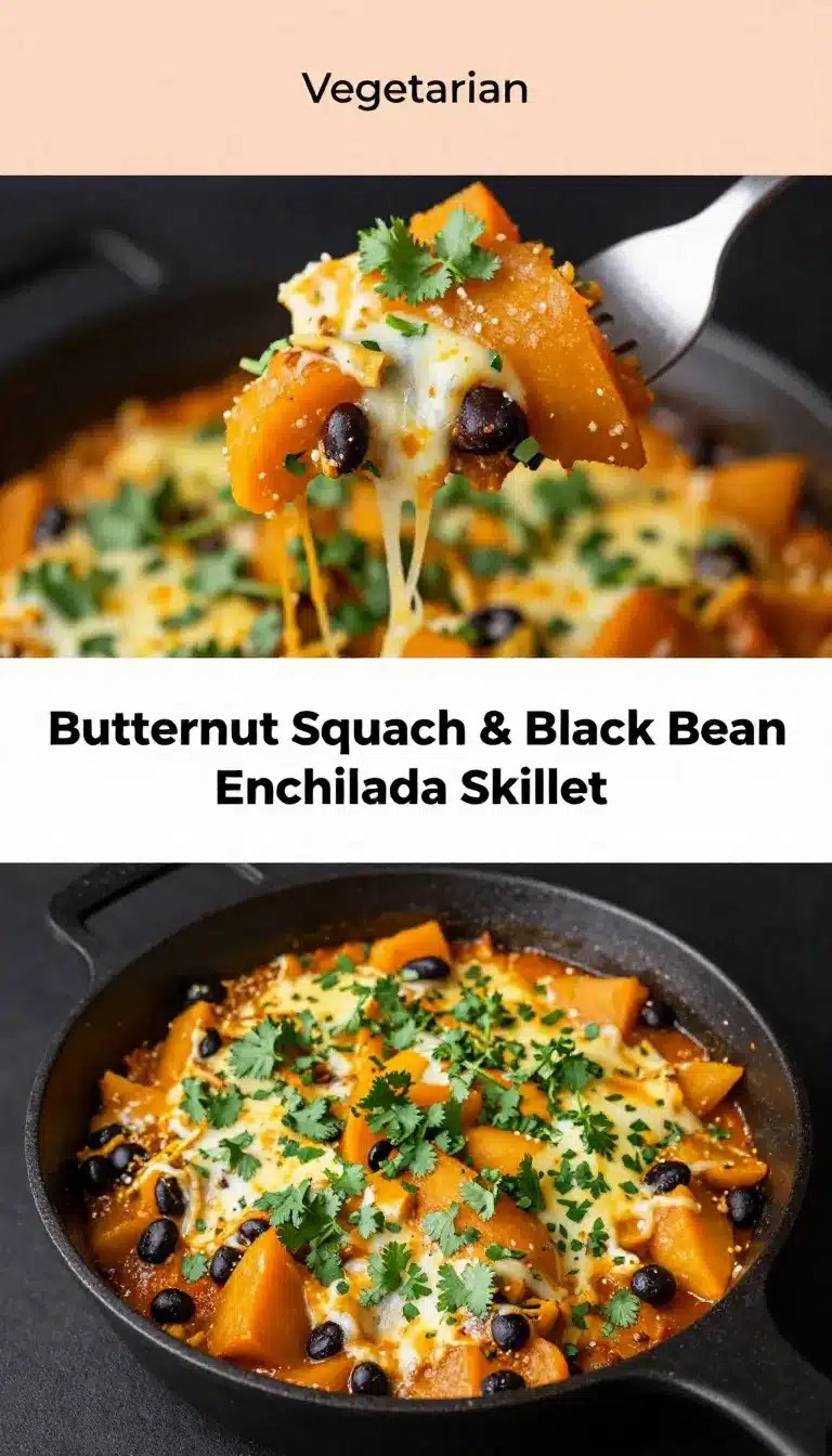A close-up of a skillet filled with butternut squash and black bean enchiladas topped with melted cheese and fresh cilantro.