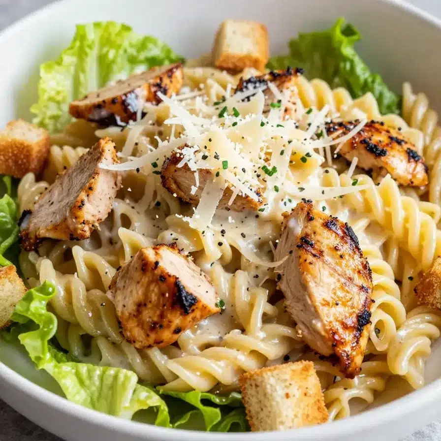 A bowl of chicken Caesar pasta salad with grilled chicken, romaine lettuce, and penne pasta, topped with Parmesan cheese.
