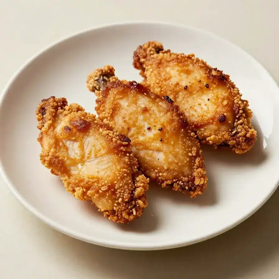 Golden brown pan-seared chicken breasts served on a white plate.