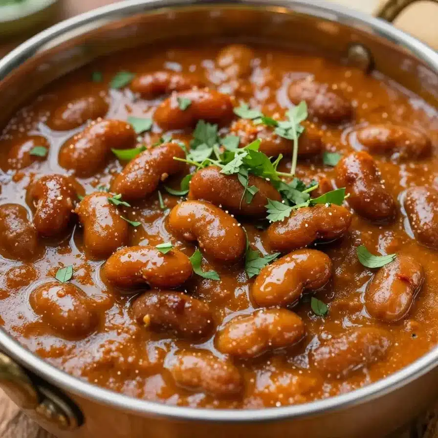 A plate of delicious Rajma Chawal served with fresh coriander garnish.