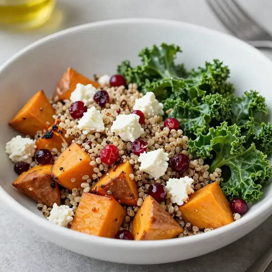 A bowl of roasted butternut squash and quinoa garnished with fresh herbs, perfect for a healthy fall recipe.