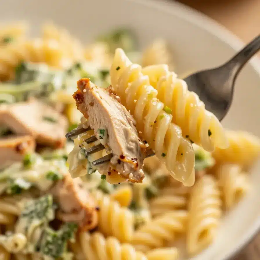 A bowl of chicken Caesar pasta salad with grilled chicken, romaine lettuce, and penne pasta, topped with Parmesan cheese.