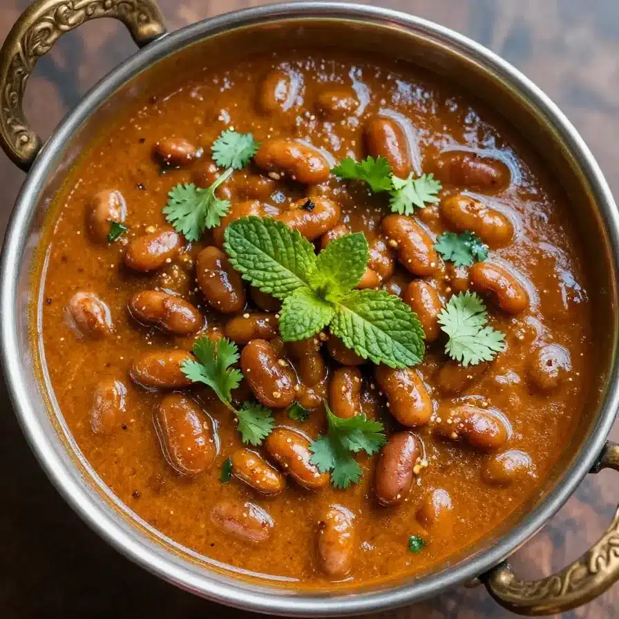 A plate of delicious Rajma Chawal served with fresh coriander garnish.