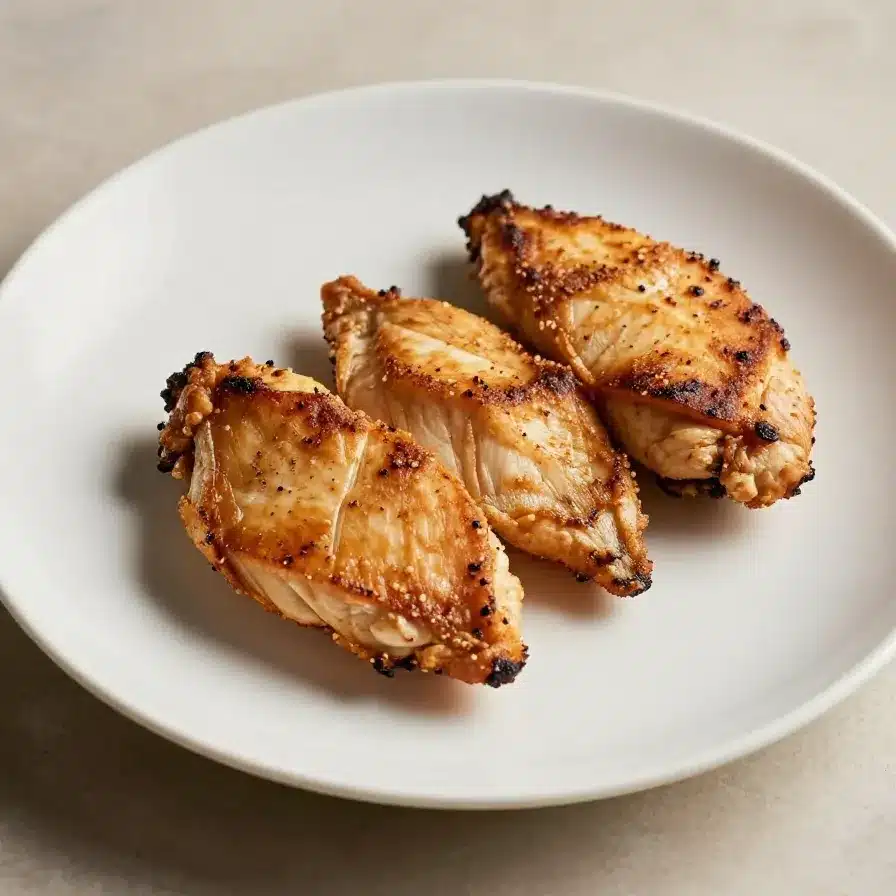 Golden brown pan-seared chicken breasts served on a white plate.