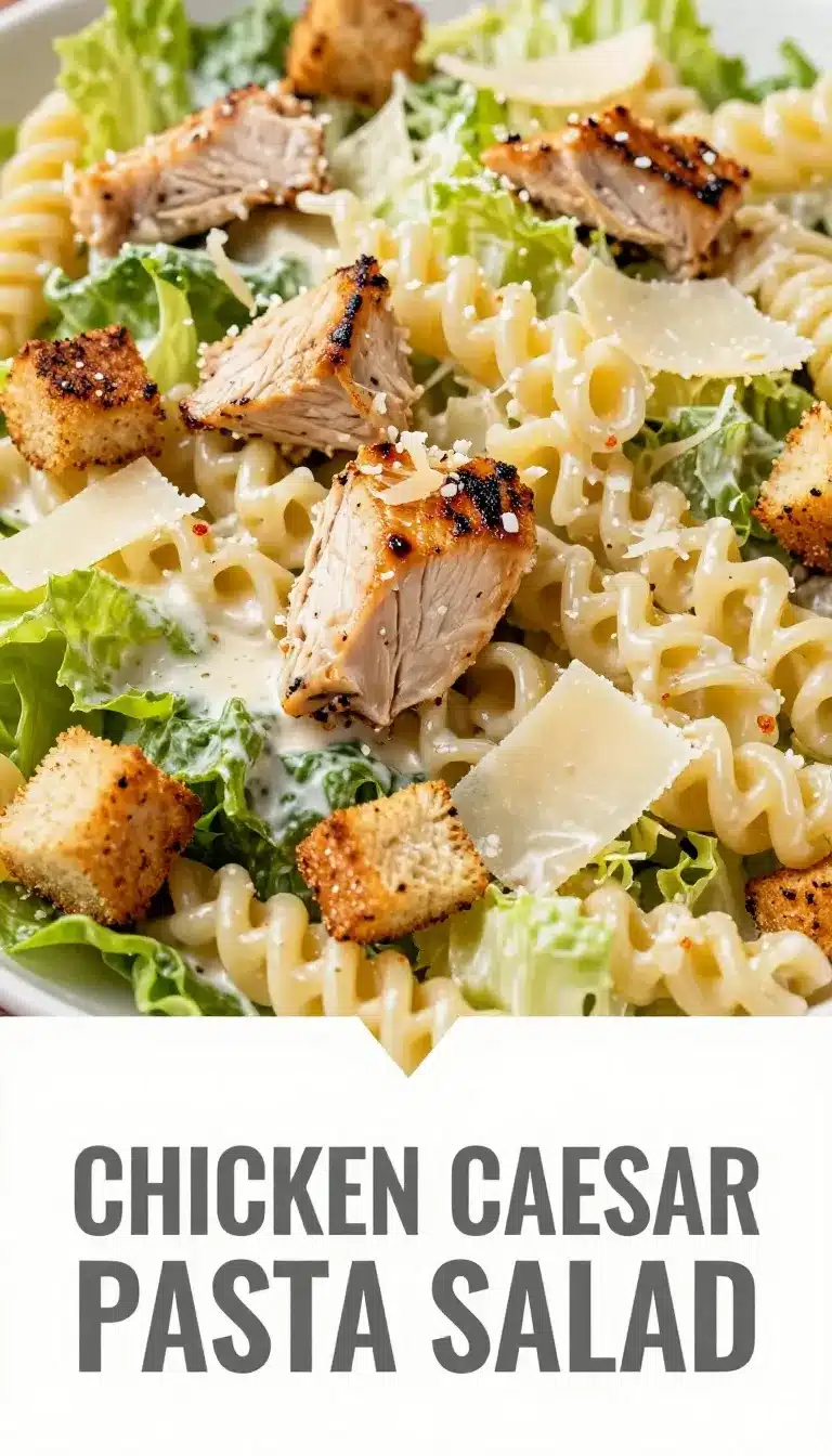 A bowl of chicken Caesar pasta salad with grilled chicken, romaine lettuce, and penne pasta, topped with Parmesan cheese.