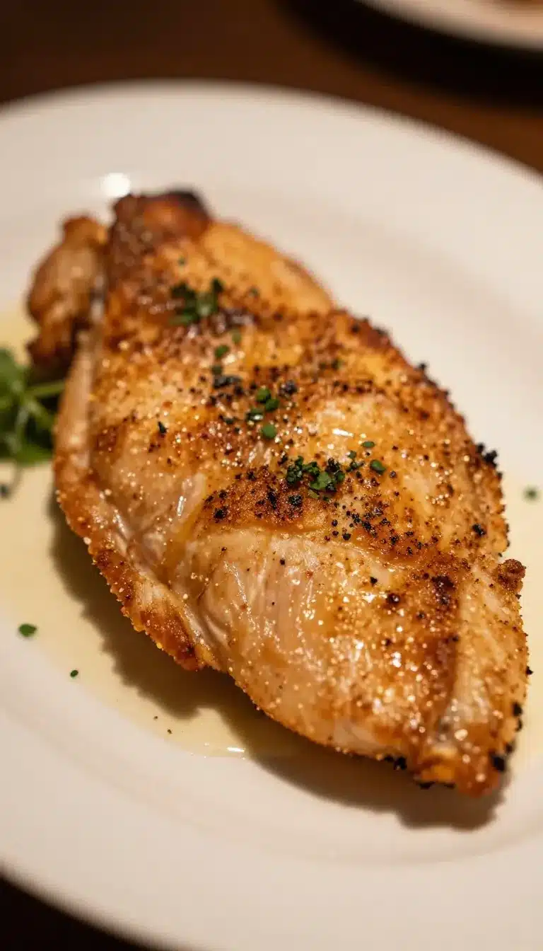 Golden brown pan-seared chicken breasts served on a white plate.