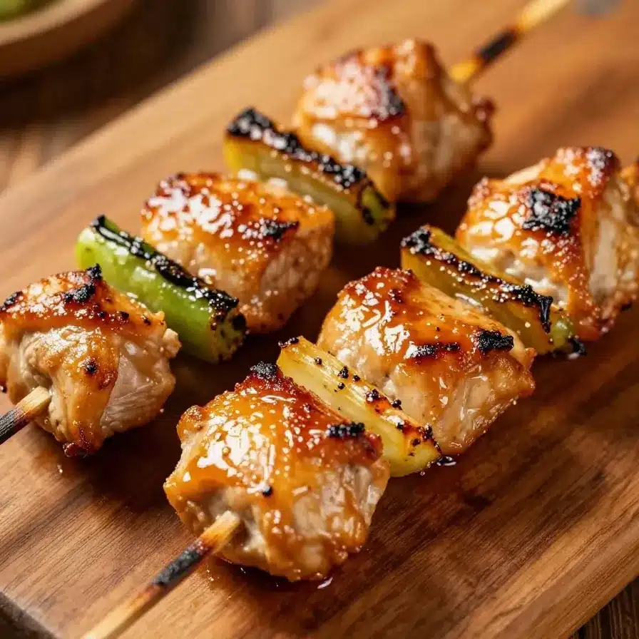 Grilled Thai chicken skewers served on a plate with fresh herbs and lime wedges.