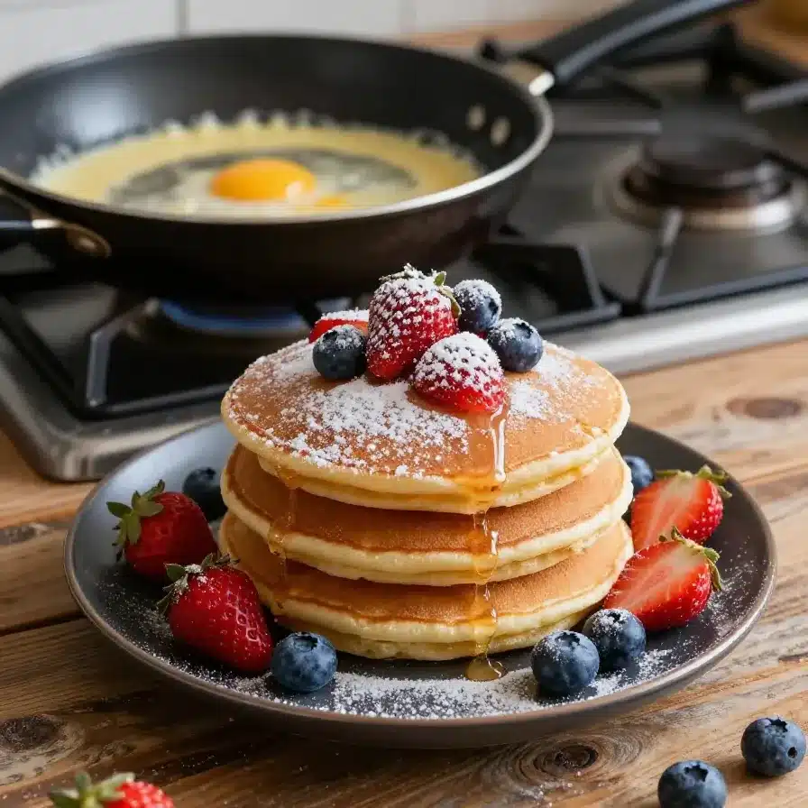 Stack of golden brown cottage cheese pancakes served on a white plate with fresh berries and honey drizzle.
