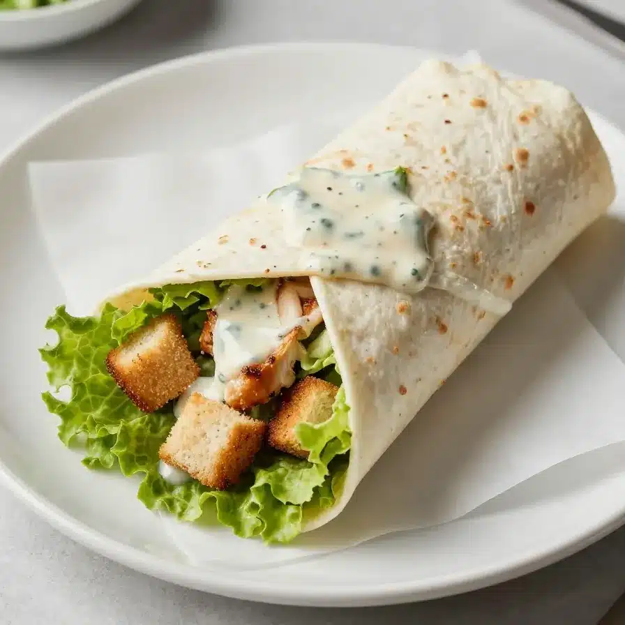 A close-up of a chicken Caesar wrap cut in half, showcasing fresh lettuce, grilled chicken, and creamy dressing.