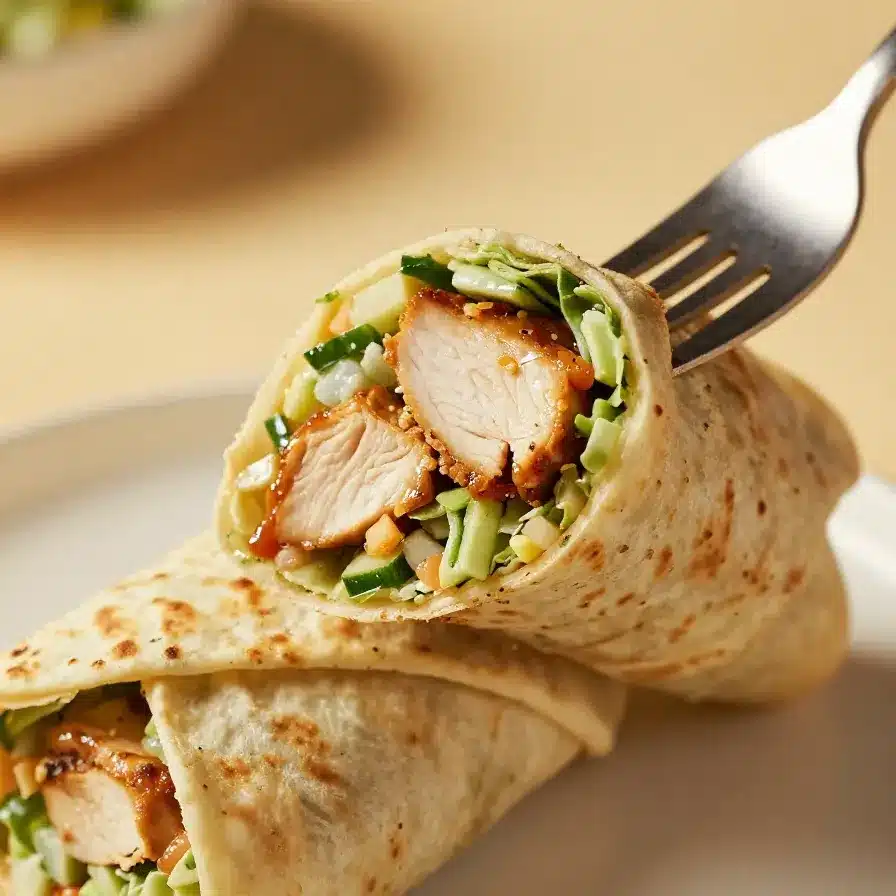 Quick and Flavorful Chicken Caesar Wraps for an Easy Meal 2 A close-up of a chicken Caesar wrap cut in half, showcasing fresh lettuce, grilled chicken, and creamy dressing.
