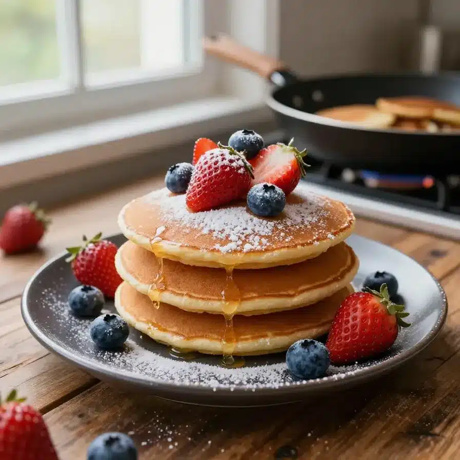 Stack of golden brown cottage cheese pancakes served on a white plate with fresh berries and honey drizzle.