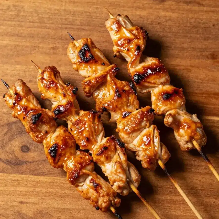 Grilled Thai chicken skewers served on a plate with fresh herbs and lime wedges.