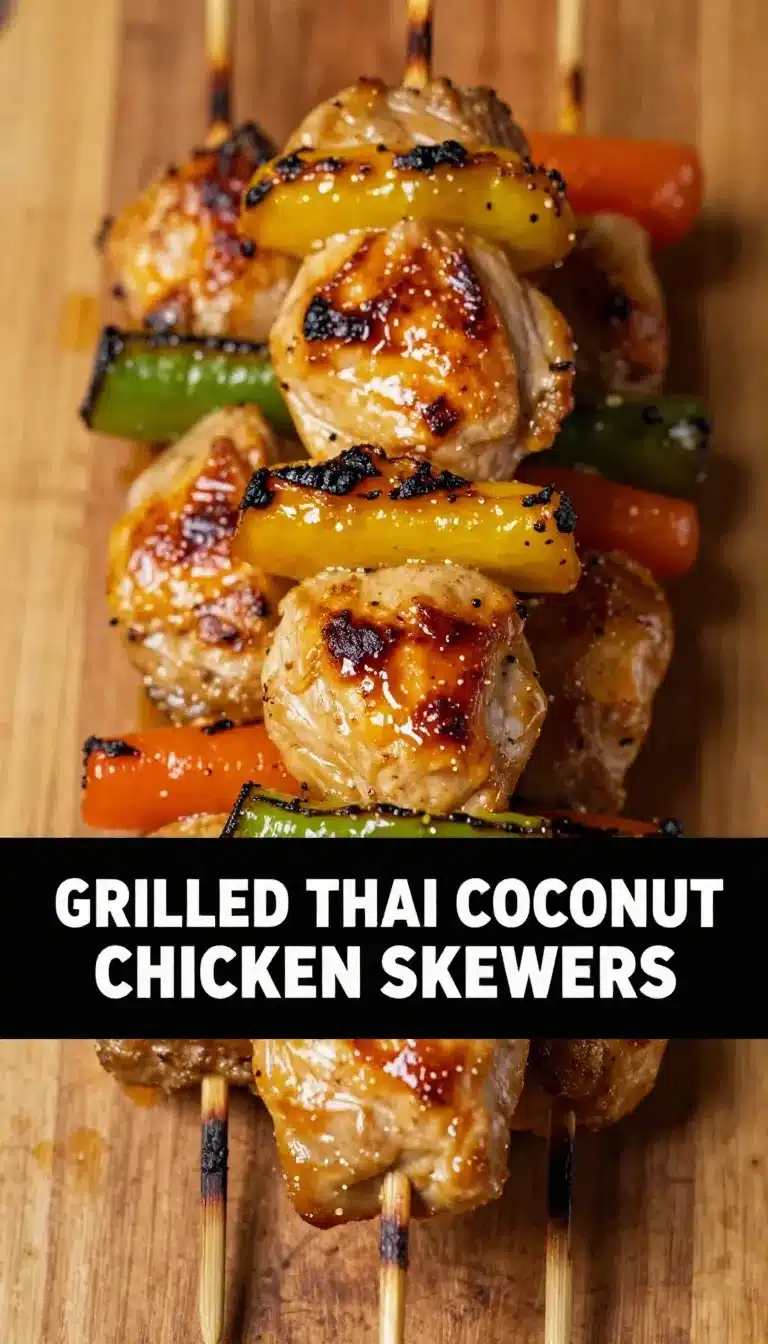 Grilled Thai chicken skewers served on a plate with fresh herbs and lime wedges.