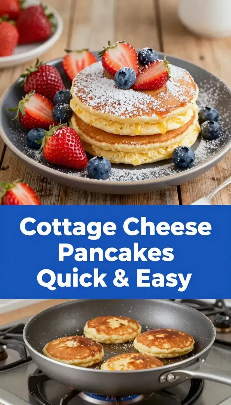 Stack of golden brown cottage cheese pancakes served on a white plate with fresh berries and honey drizzle.