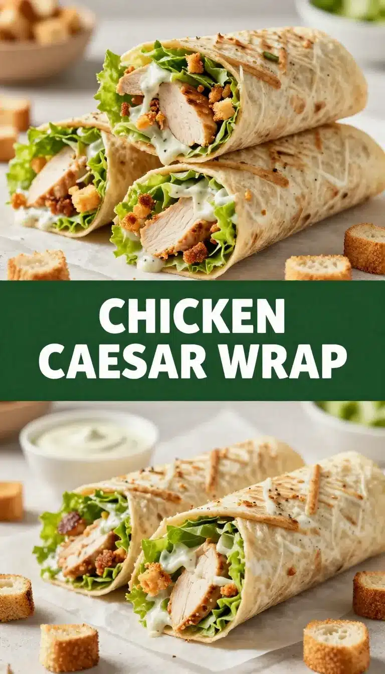 Quick and Flavorful Chicken Caesar Wraps for an Easy Meal 5 A close-up of a chicken Caesar wrap cut in half, showcasing fresh lettuce, grilled chicken, and creamy dressing.