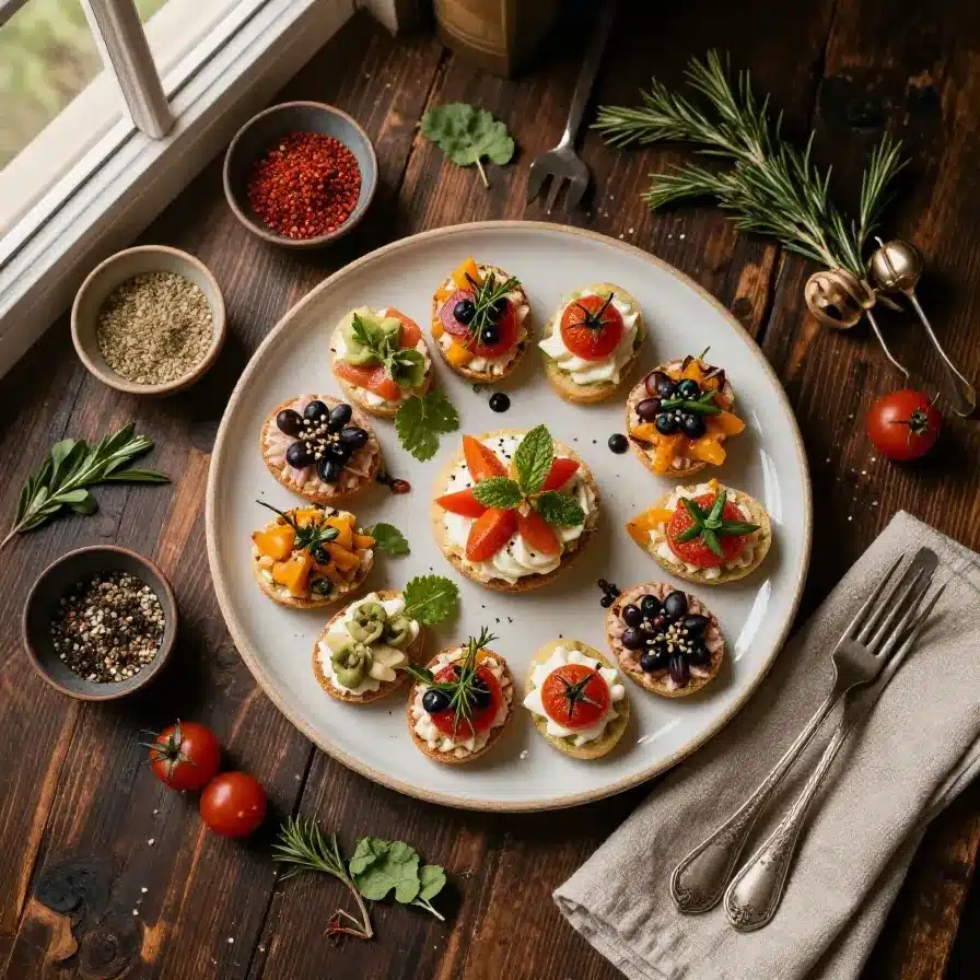 A variety of cold and room temperature appetizers arranged on a wooden platter for a party.