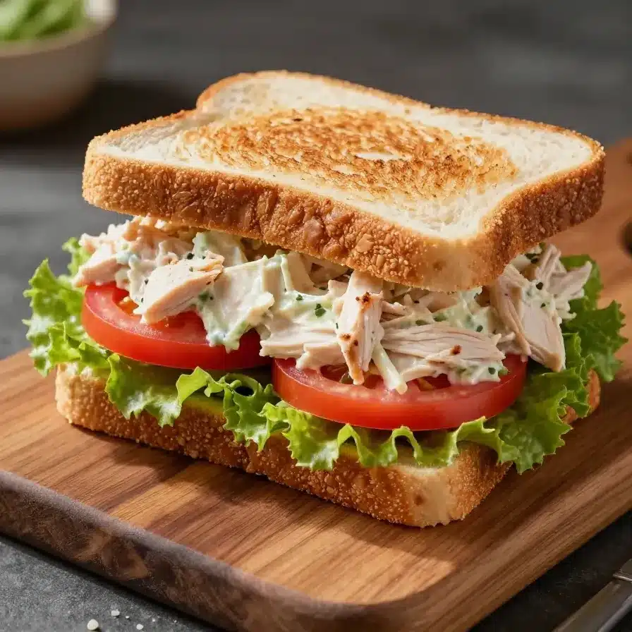 A vibrant lemon basil chicken salad served in a white bowl with fresh ingredients.