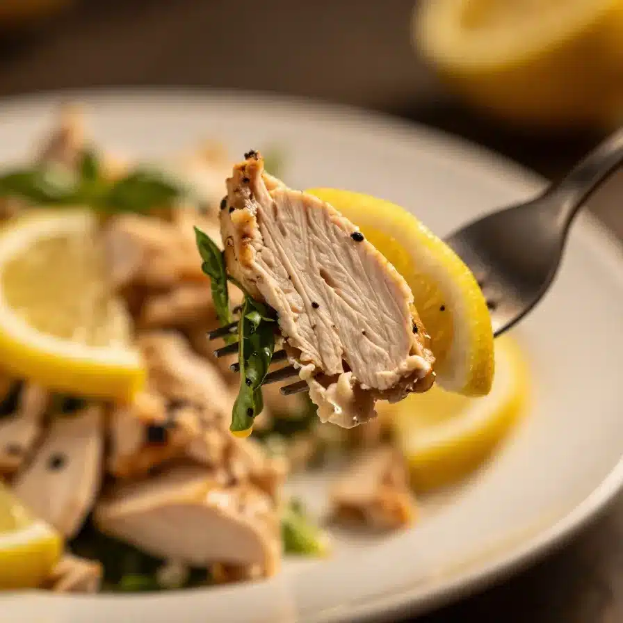 Easy Lemon Basil Chicken Salad 2 A vibrant lemon basil chicken salad served in a white bowl with fresh ingredients.
