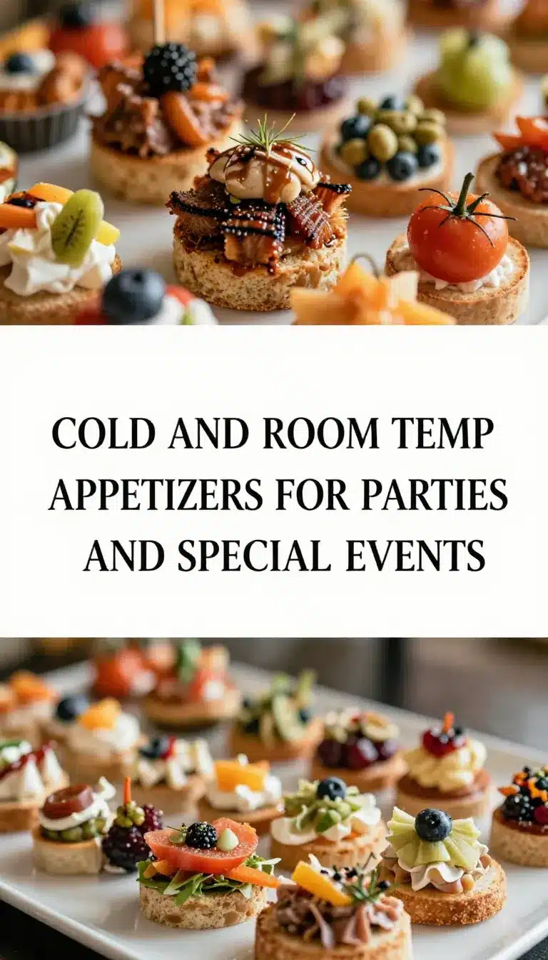 A variety of cold and room temperature appetizers arranged on a wooden platter for a party.