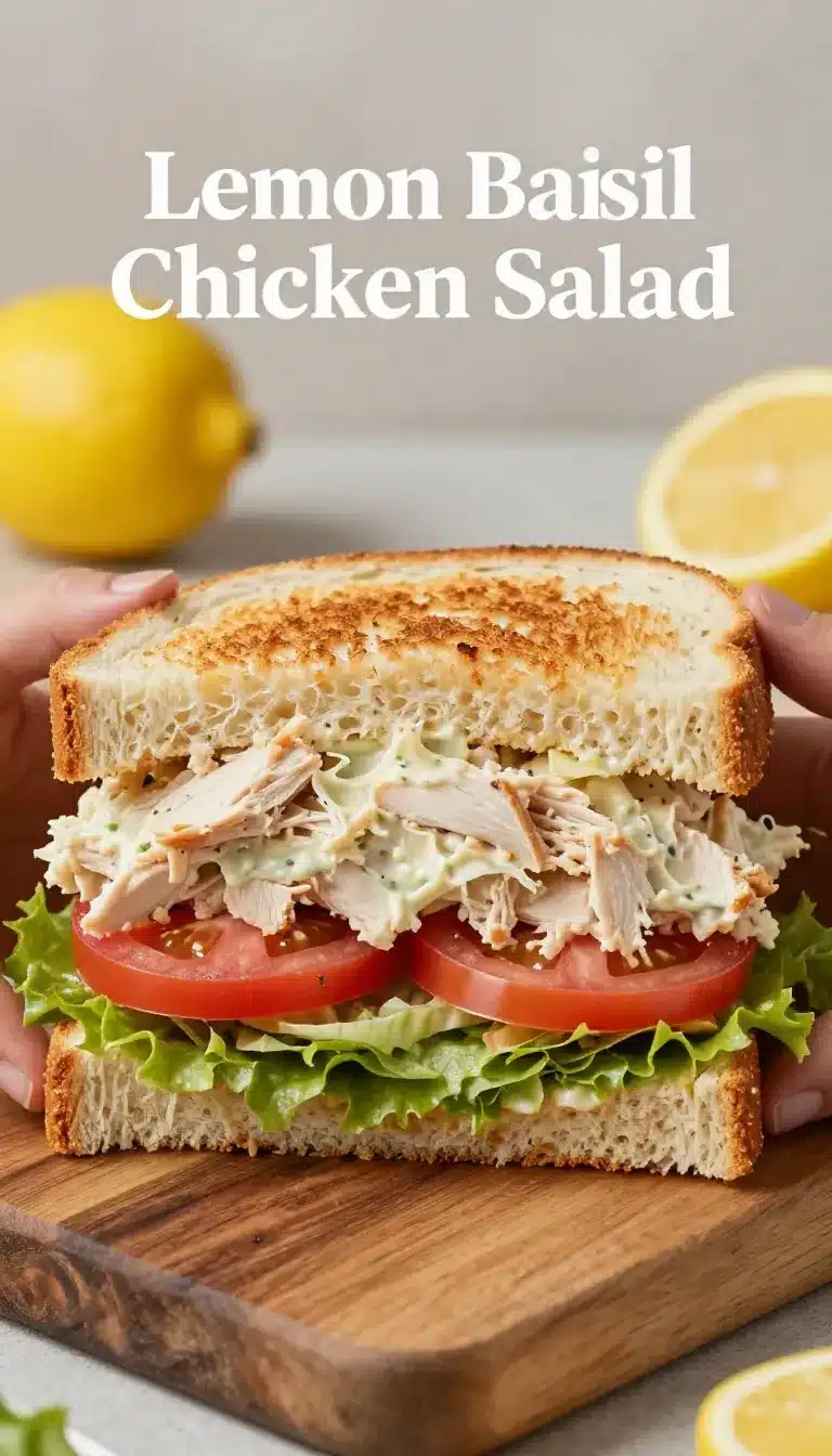 Easy Lemon Basil Chicken Salad 5 A vibrant lemon basil chicken salad served in a white bowl with fresh ingredients.