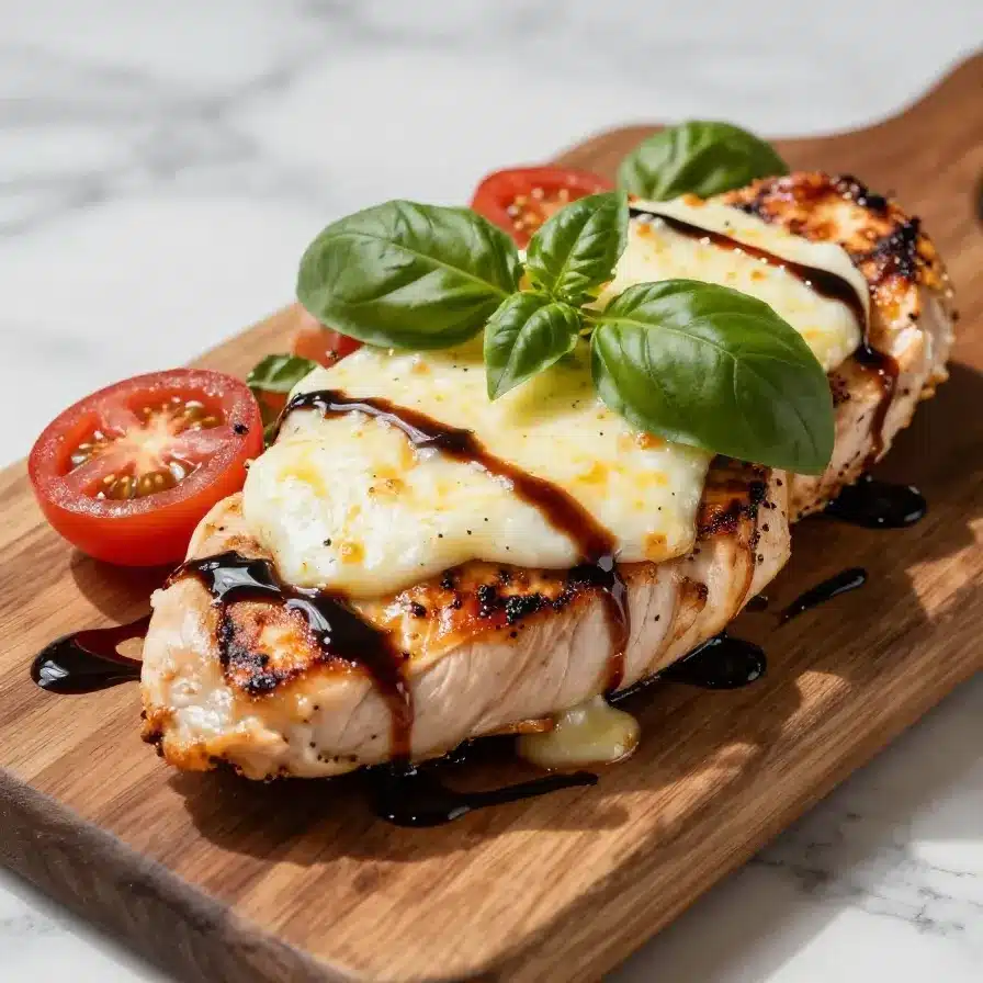 A plate of grilled chicken caprese garnished with fresh basil leaves, mozzarella, and ripe tomatoes.