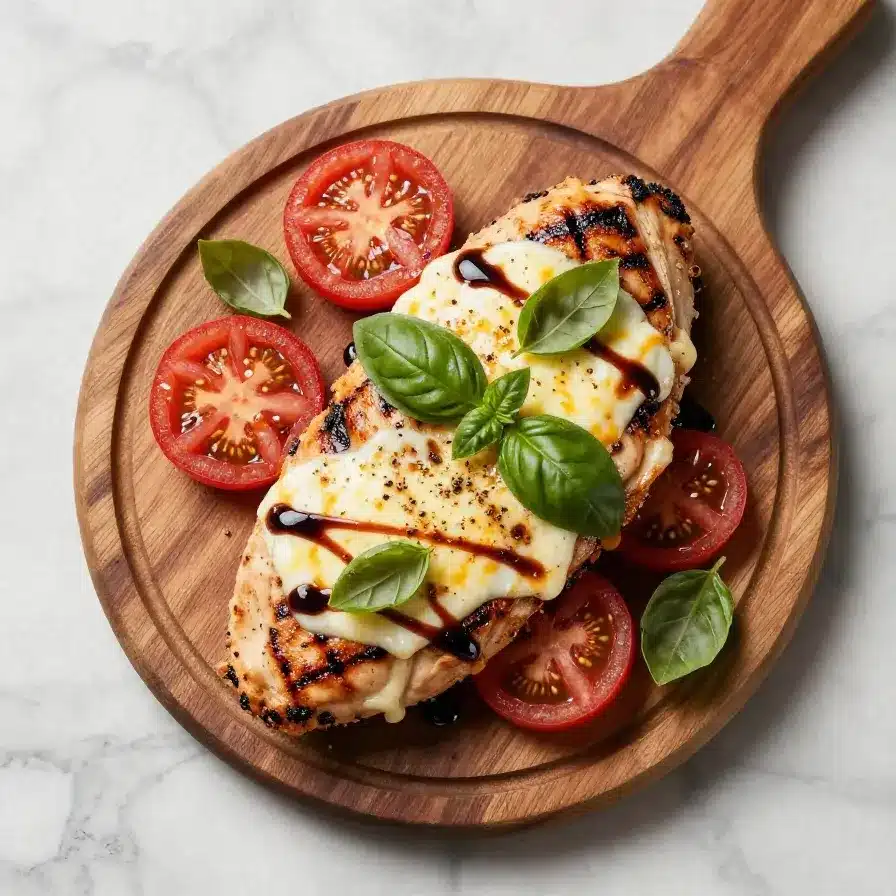 A plate of grilled chicken caprese garnished with fresh basil leaves, mozzarella, and ripe tomatoes.
