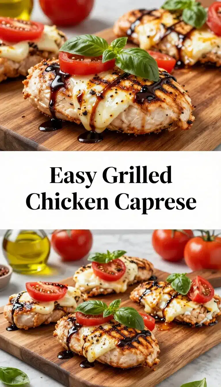 A plate of grilled chicken caprese garnished with fresh basil leaves, mozzarella, and ripe tomatoes.