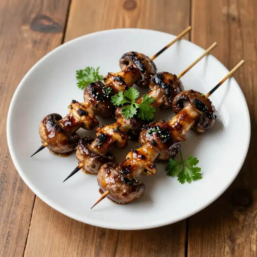 Close-up of balsamic garlic grilled mushroom skewers served on a plate.