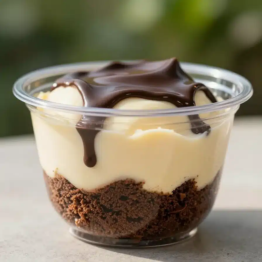 Close-up of loaded brownie cheesecake cups topped with chocolate drizzle and crushed nuts.