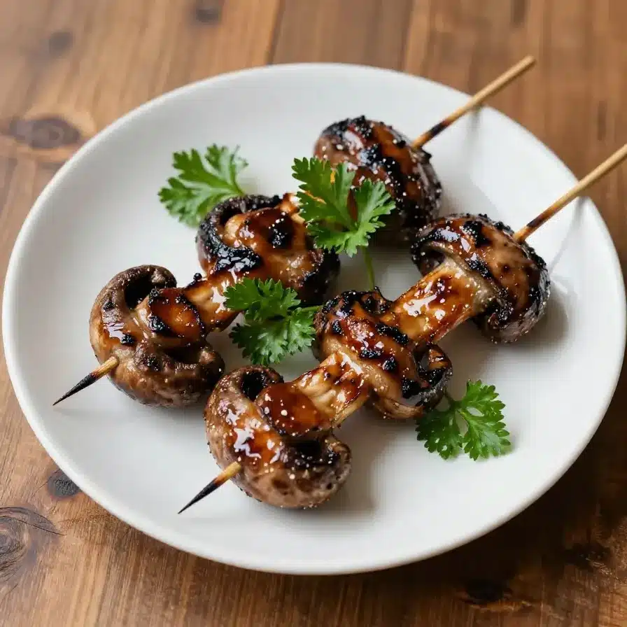 Close-up of balsamic garlic grilled mushroom skewers served on a plate.