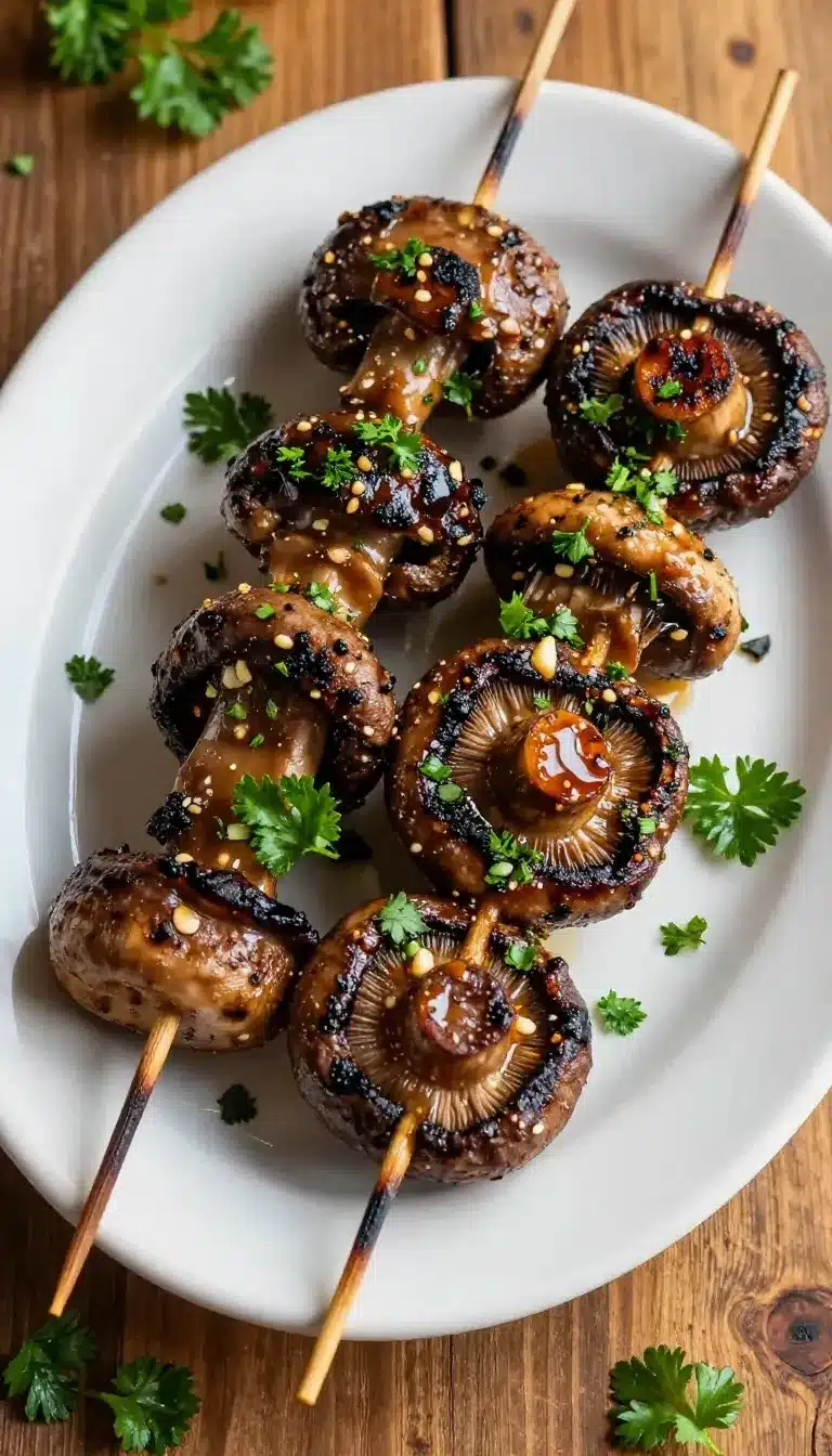 Close-up of balsamic garlic grilled mushroom skewers served on a plate.