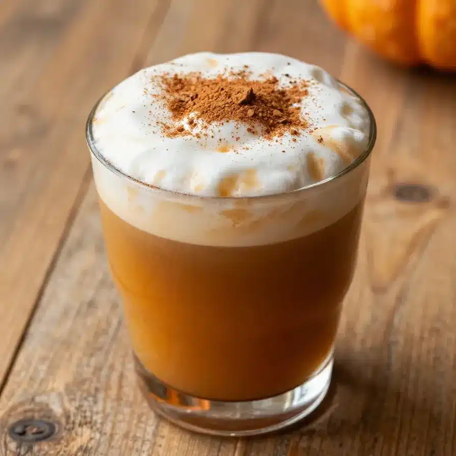 A glass of pumpkin cream cold brew topped with frothy pumpkin spice cream on a wooden table.