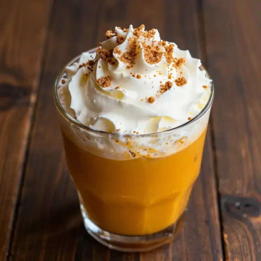 A close-up of a glass of iced pumpkin spiced latte with whipped cream and cinnamon on top.