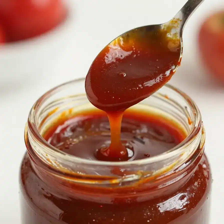 A jar of homemade BBQ sauce placed on a wooden table surrounded by fresh ingredients.