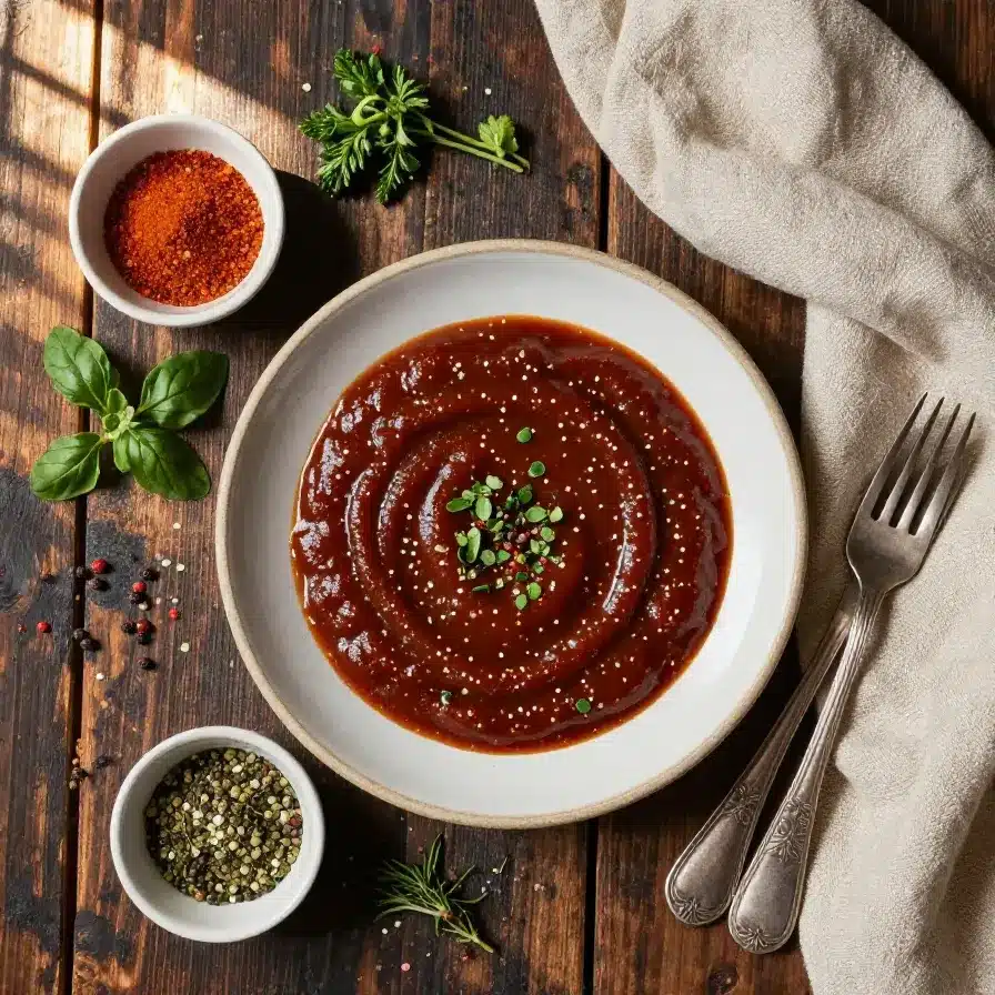 A jar of homemade BBQ sauce surrounded by fresh ingredients like tomatoes, garlic, and spices.